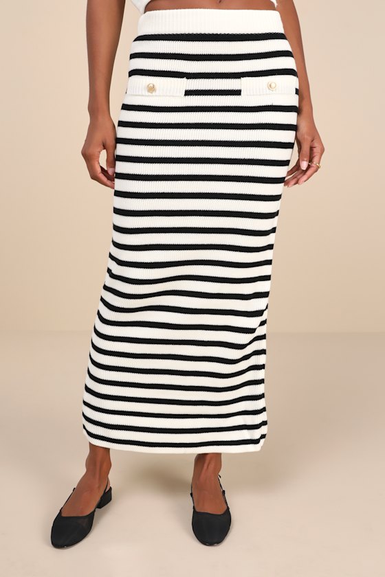 Lulus Exemplary Chicness Ivory Striped Sweater Knit Midi Skirt In Ivory