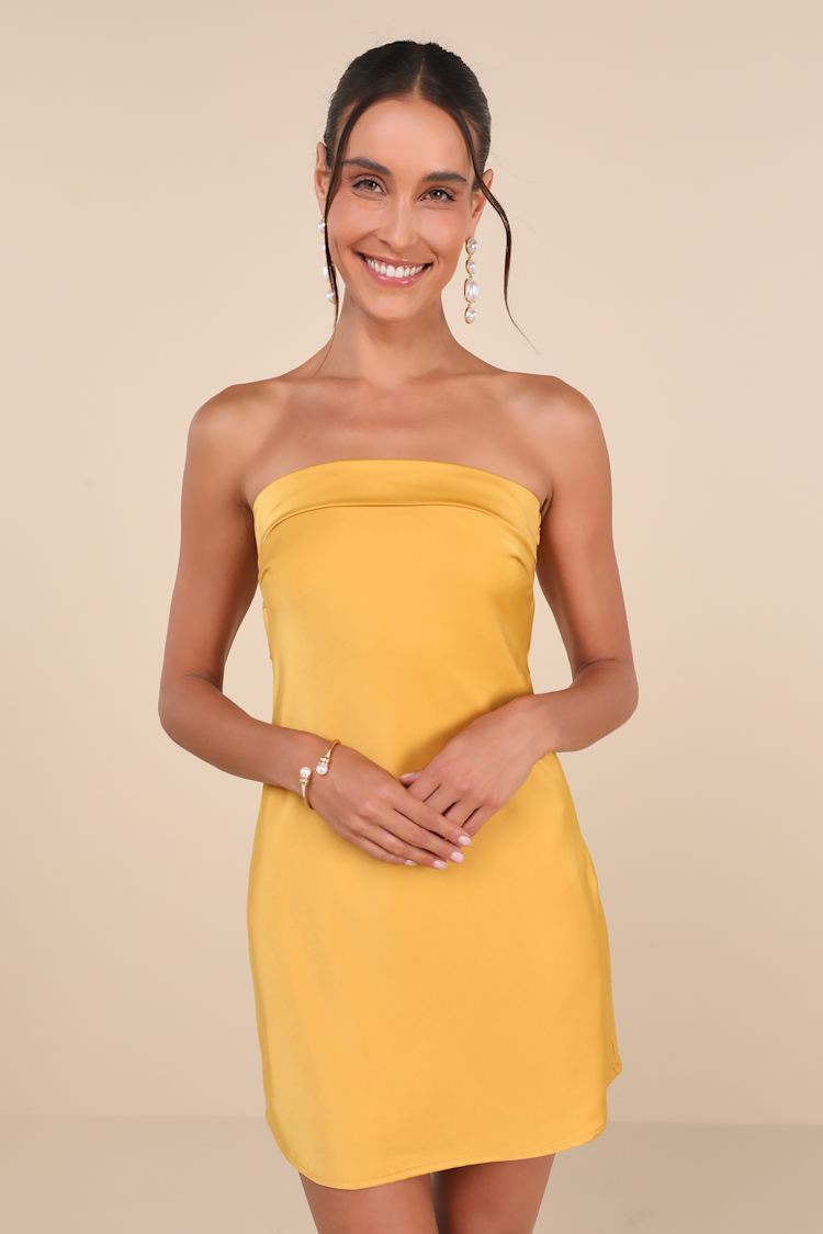 marigold mini dress Marigold Satin Dress - Strapless Mini Dress - Cowl Back Dress