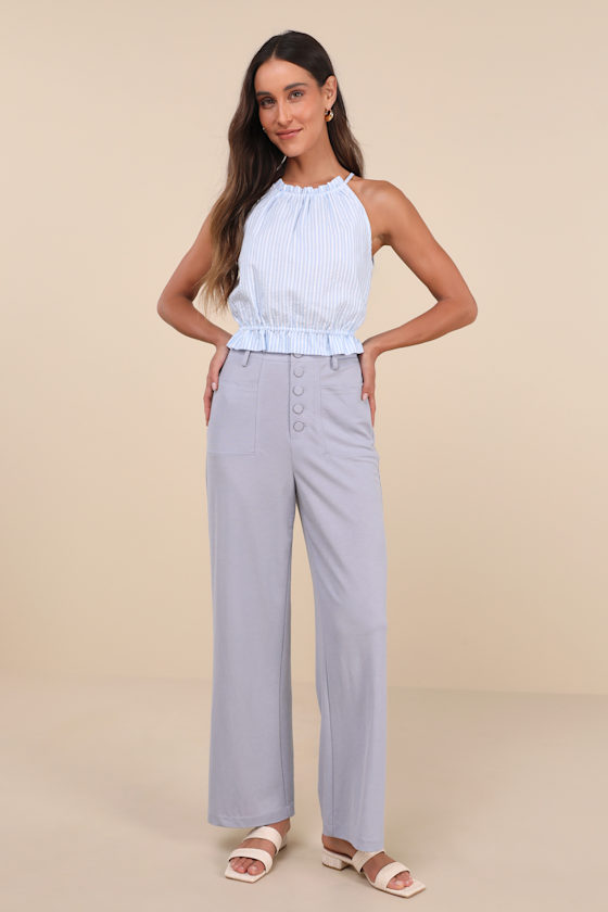 LULUS INSTINCTIVELY ELEVATED SLATE HIGH-RISE BUTTON-FLY WIDE-LEG PANTS