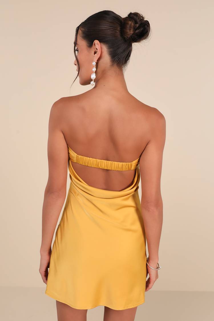 Exquisite Approach Marigold Satin Cowl Back Mini Dress