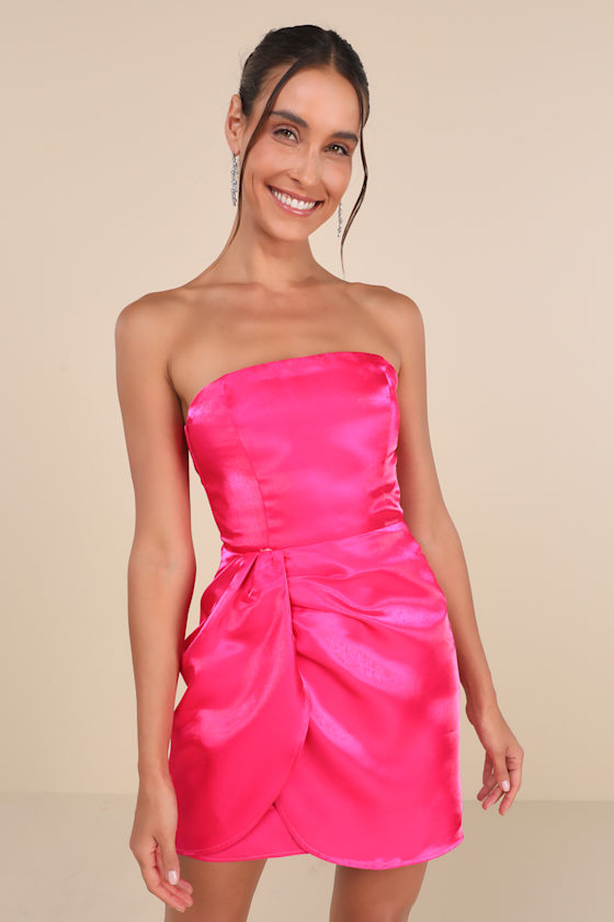 Lulus Glam Impulse Shiny Hot Pink Strapless Tulip Mini Dress In Hot Pink
