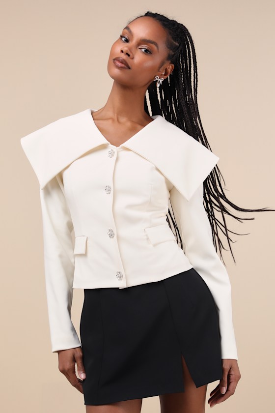 LULUS DISTINCTLY CHIC IVORY SHAWL COLLAR RHINESTONE BUTTON BLAZER