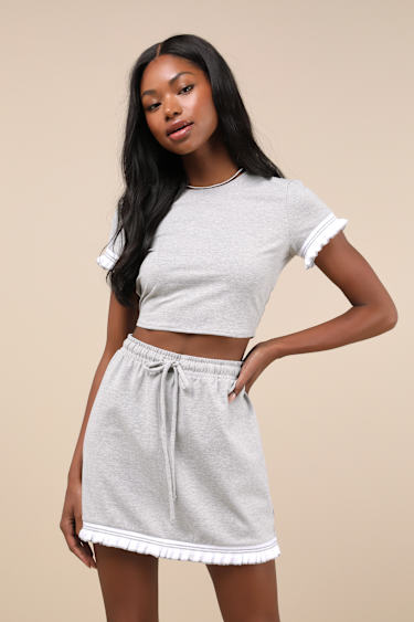 Heather Grey Skirt Drawstring High-Rise Skirt Mini Skirt Lulus