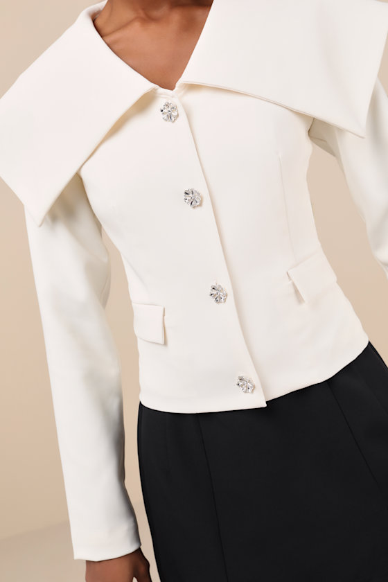 LULUS DISTINCTLY CHIC IVORY SHAWL COLLAR RHINESTONE BUTTON BLAZER