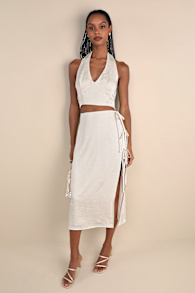 Marvelously Sleek Champagne Satin Crinkled Side-Tie Midi Skirt 1