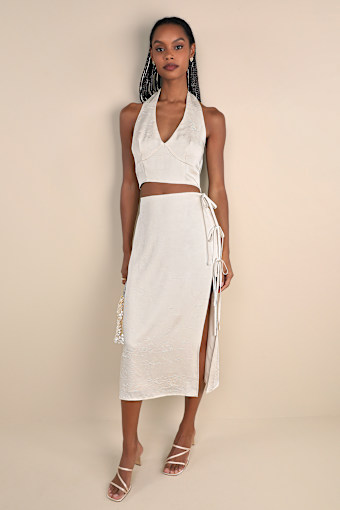 Marvelously Sleek Champagne Satin Crinkled Side-Tie Midi Skirt 1