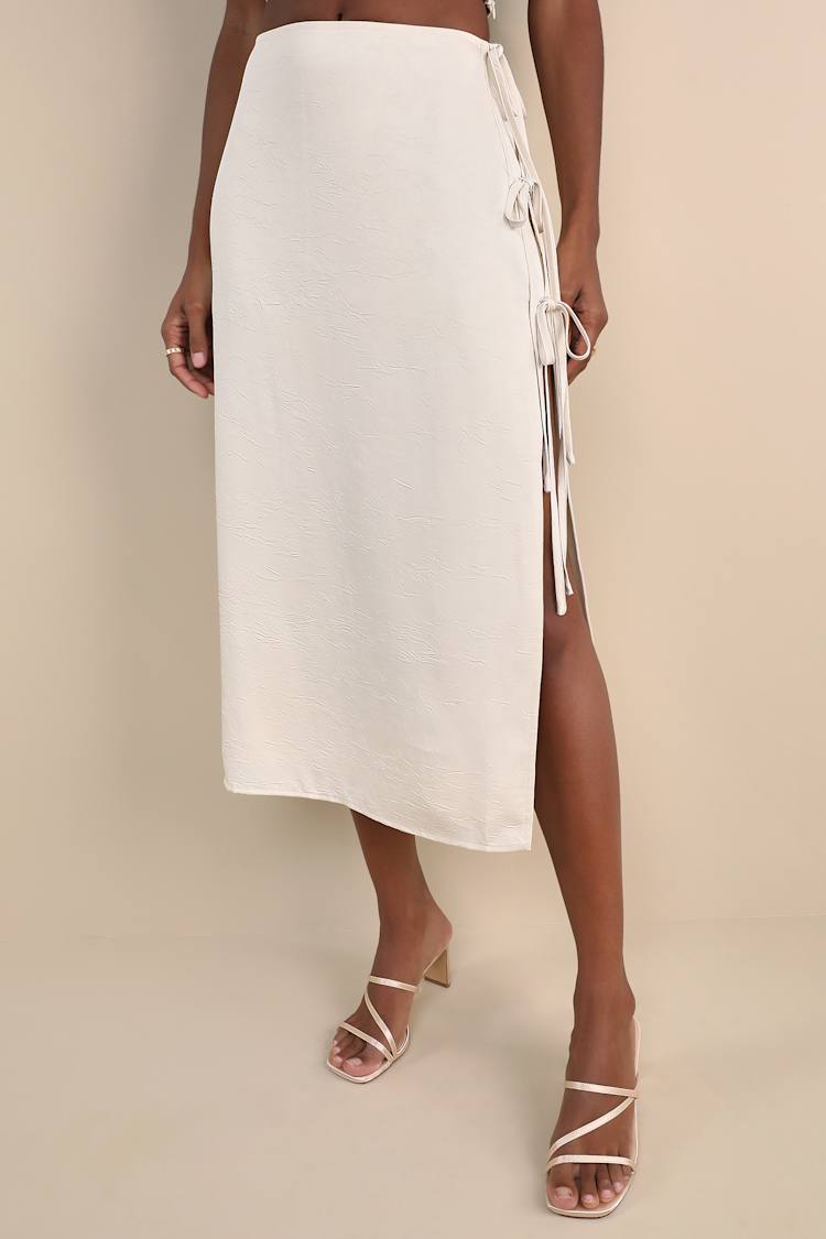 Marvelously Sleek Champagne Satin Crinkled Side-Tie Midi Skirt