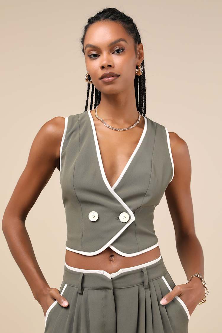 Composed Aesthetic Olive Green Color Block Twill Vest