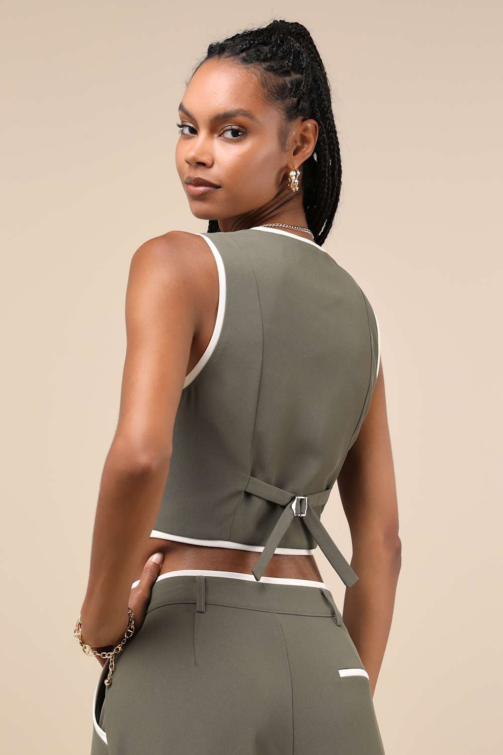 Composed Aesthetic Olive Green Color Block Twill Vest
