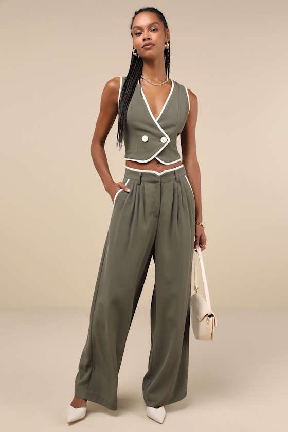 Lulus Composed Aesthetic Olive Green Color Block Twill Vest In Olive Green