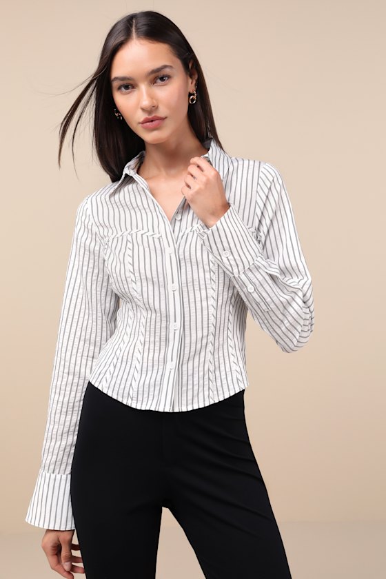 Stylish Choice White and Black Striped Bustier Button-Up Top 1