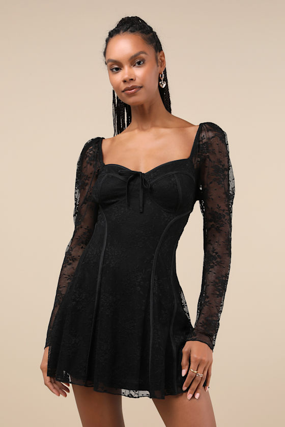 Lulus Flirty Adoration Black Lace Long Sleeve Seamed Mini Dress In Black