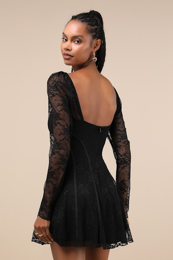 Lulus Flirty Adoration Black Lace Long Sleeve Seamed Mini Dress In Black