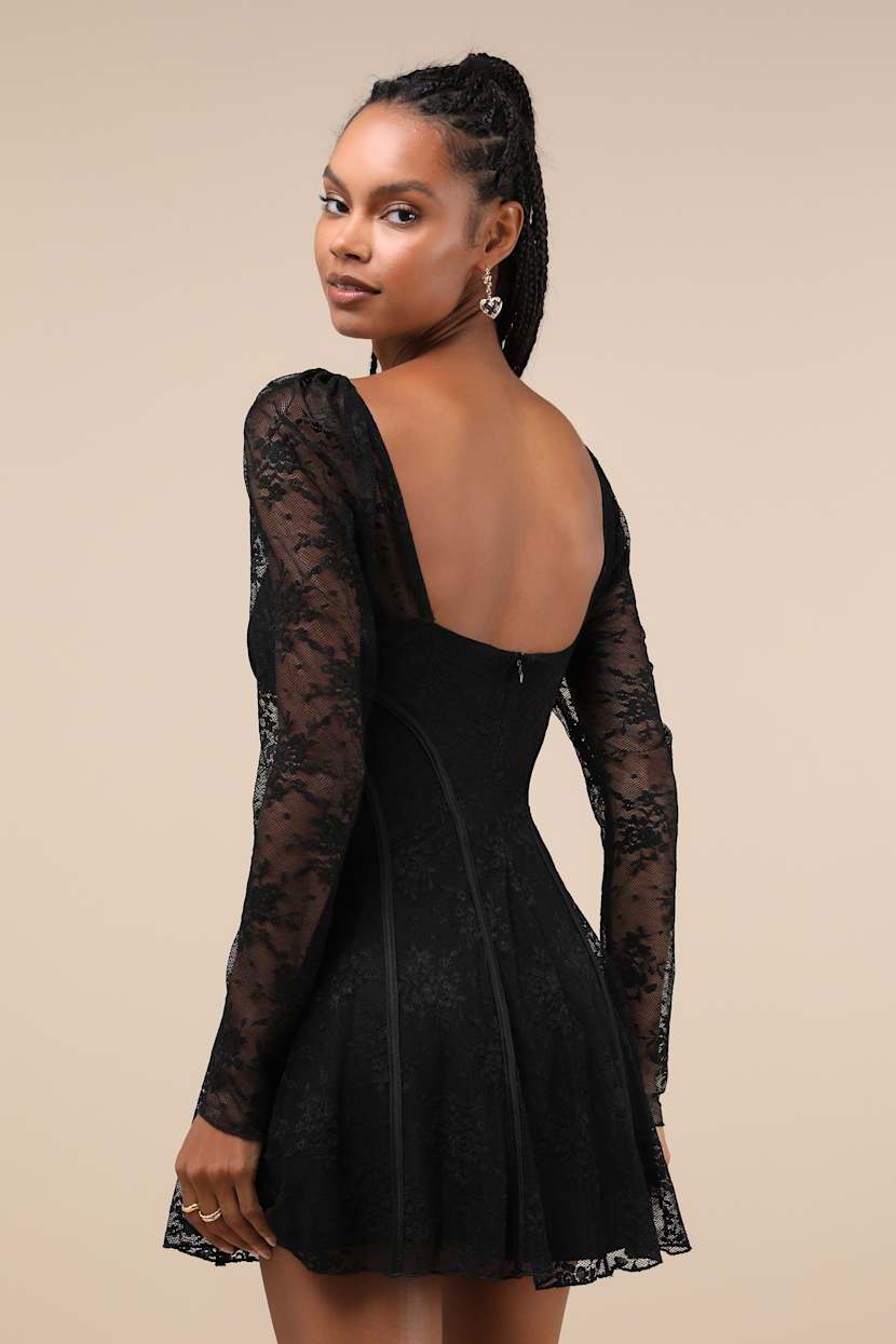 Black Lace Dress - Seamed Bustier Dress - Long Sleeve Mini Dress - Lulus