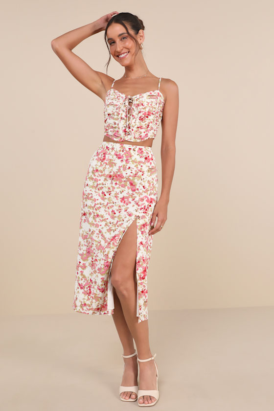 LULUS MASTERED ELEGANCE IVORY MULTI ABSTRACT PRINT MIDI SKIRT