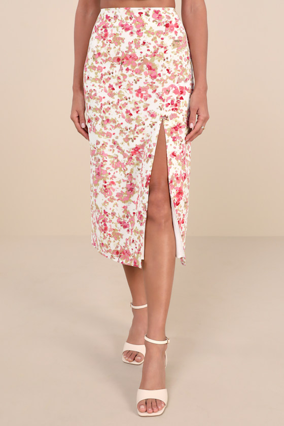 LULUS MASTERED ELEGANCE IVORY MULTI ABSTRACT PRINT MIDI SKIRT