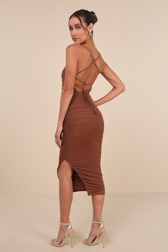Flirty Instinct Brown Mesh Ruched Lace-Up Bodycon Midi Dress 1
