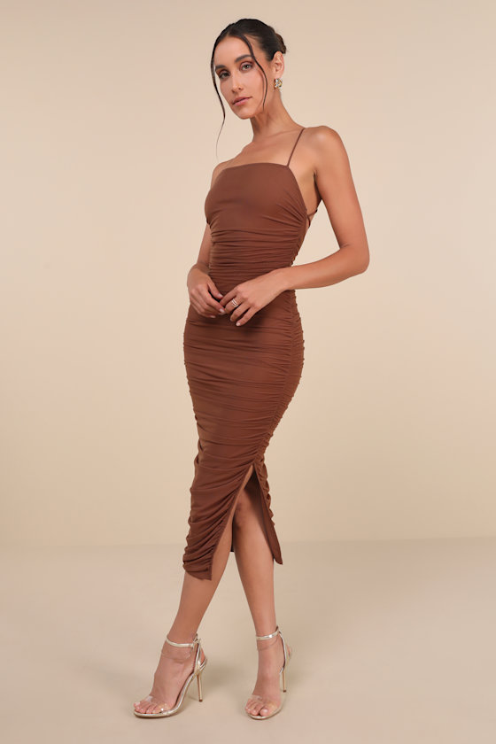 LULUS FLIRTY INSTINCT BROWN MESH RUCHED LACE-UP BODYCON MIDI DRESS