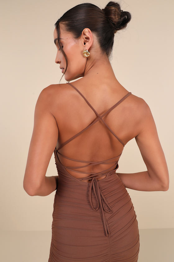 LULUS FLIRTY INSTINCT BROWN MESH RUCHED LACE-UP BODYCON MIDI DRESS