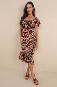 Remarkably Flourishing Brown Floral Puff Sleeve Midi Dress 1