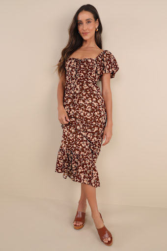 Remarkably Flourishing Brown Floral Puff Sleeve Midi Dress 1