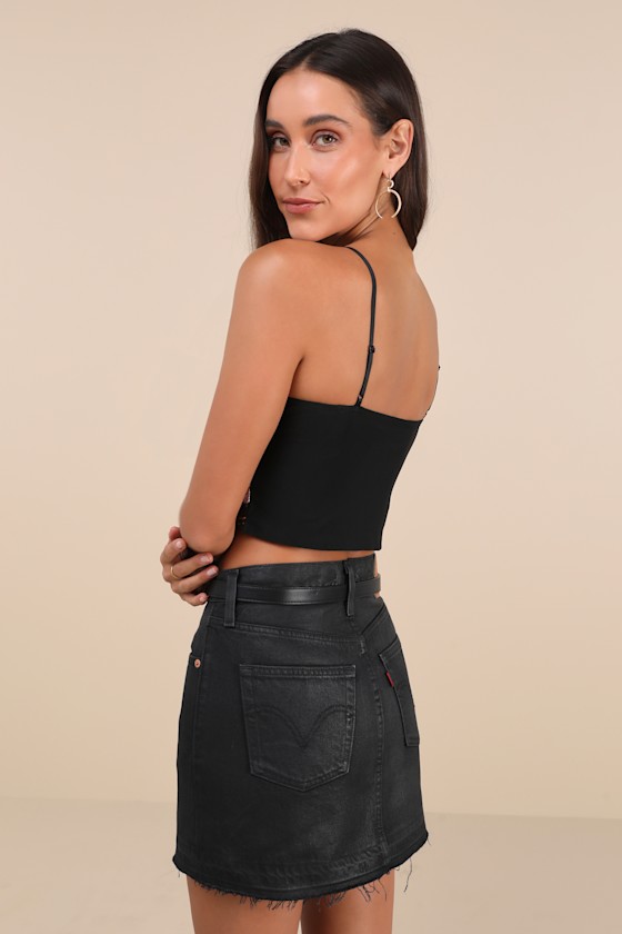 Revered Flirt Black Mesh Embroidered Bustier Crop Tank Top 2