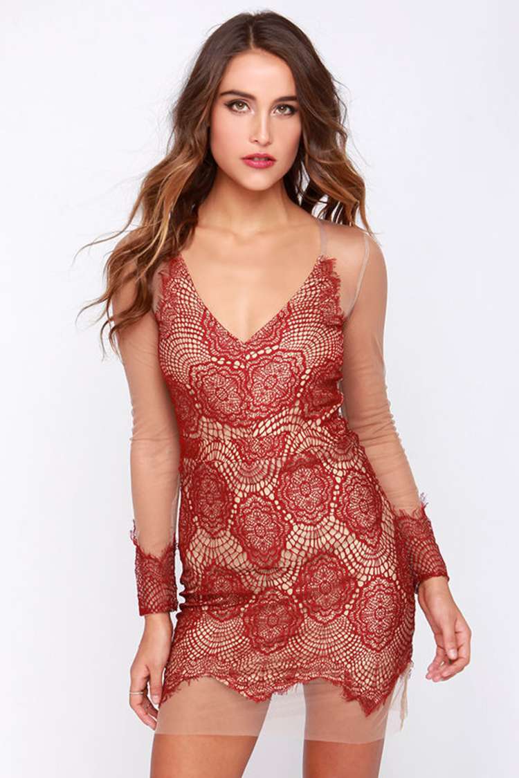 Beautiful Mesh Tan and Wine Red Lace Dress