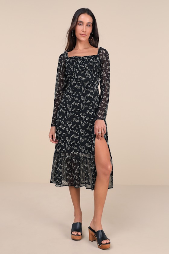 Lulus Perfectly Elevated Black Floral Long Sleeve Midi Dress