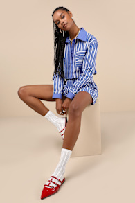 Playful Babe Blue and White Striped Cropped Button-Up Top