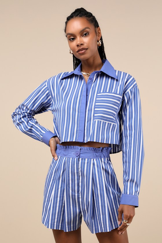 LULUS PLAYFUL BABE BLUE AND WHITE STRIPED CROPPED BUTTON-UP TOP