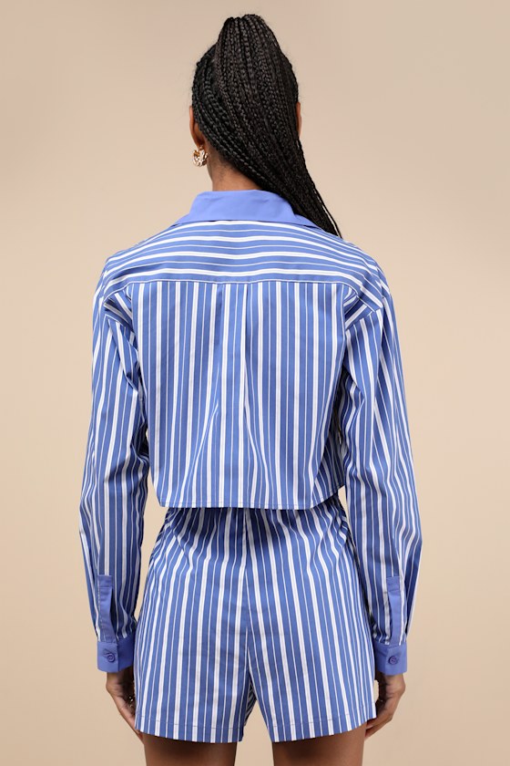 LULUS PLAYFUL BABE BLUE AND WHITE STRIPED CROPPED BUTTON-UP TOP