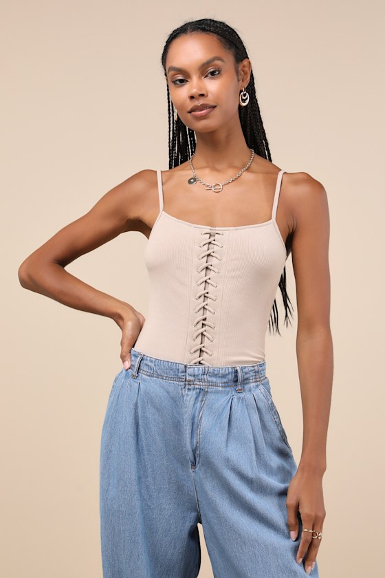 LULUS REFRESHING UPDATE BEIGE RIBBED LACE-UP SLEEVELESS BODYSUIT