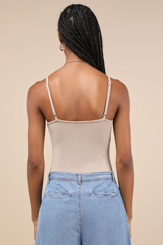 LULUS REFRESHING UPDATE BEIGE RIBBED LACE-UP SLEEVELESS BODYSUIT