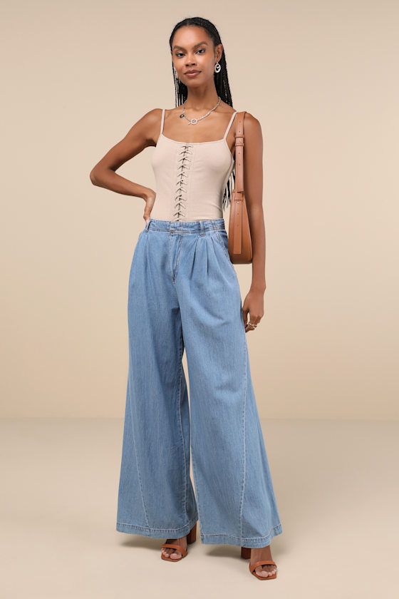 LULUS REFRESHING UPDATE BEIGE RIBBED LACE-UP SLEEVELESS BODYSUIT