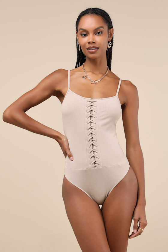 LULUS REFRESHING UPDATE BEIGE RIBBED LACE-UP SLEEVELESS BODYSUIT