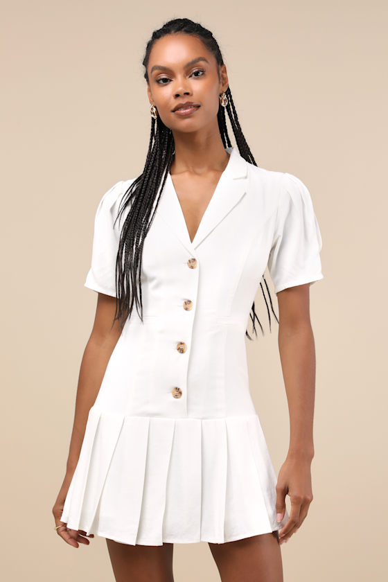 Lulus Endearing Attitude Ivory Collared Pleated Drop Waist Mini Dress In Ivory