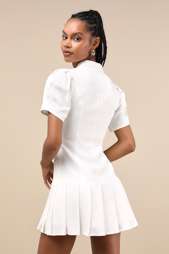 Lulus Endearing Attitude Ivory Collared Pleated Drop Waist Mini Dress In Ivory