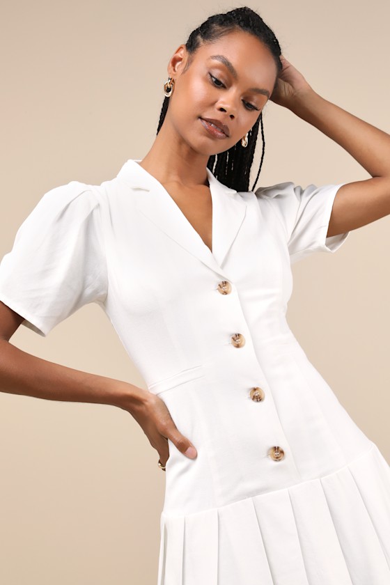 Lulus Endearing Attitude Ivory Collared Pleated Drop Waist Mini Dress In Ivory