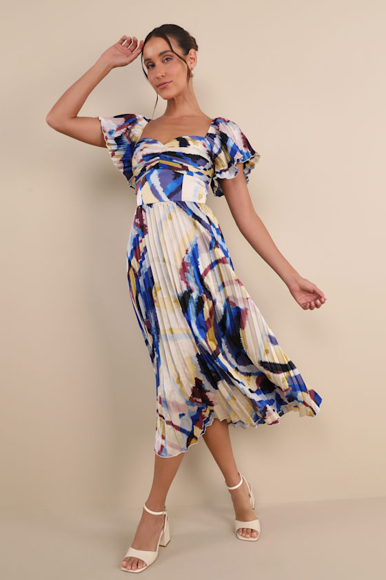 Lulus Authentically Yours Blue Multi Abstract Print Satin Midi Dress In Blue