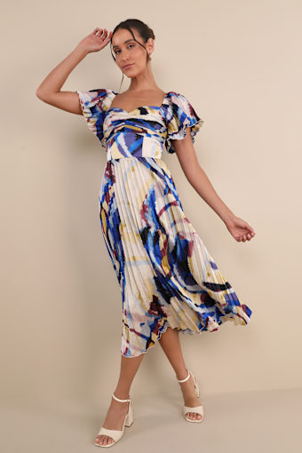 Authentically Yours Blue Multi Abstract Print Satin Midi Dress 1