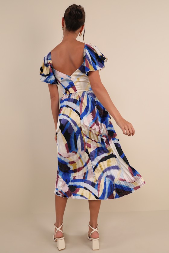 Lulus Authentically Yours Blue Multi Abstract Print Satin Midi Dress In Blue