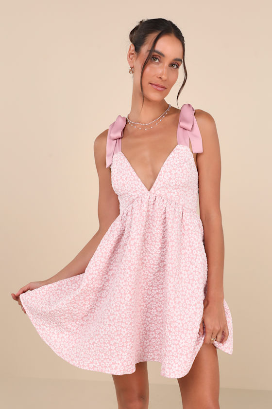 Pink Jacquard Floral Dress - Tie-Strap Mini Dress - Sequin Pink Jacquard Floral Dress - Tie-Strap Mini Dress - Sequin
