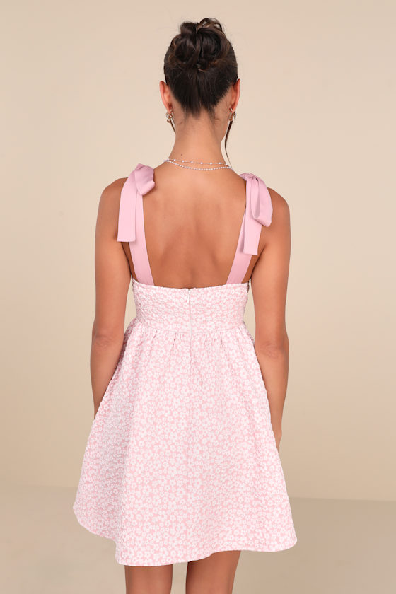 Darling Composure Pink Jacquard Floral Tie-Strap Mini Dress 4