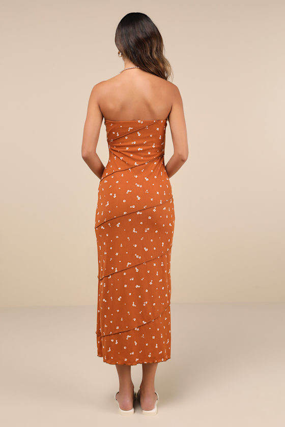 Lulus Summery Spirit Rust Floral Ribbed Strapless Midi Dress In Brown