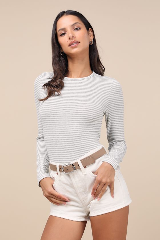 Lulus Inclined To Sweetness Ivory And Grey Striped Long Sleeve Top In Ivory And Grey