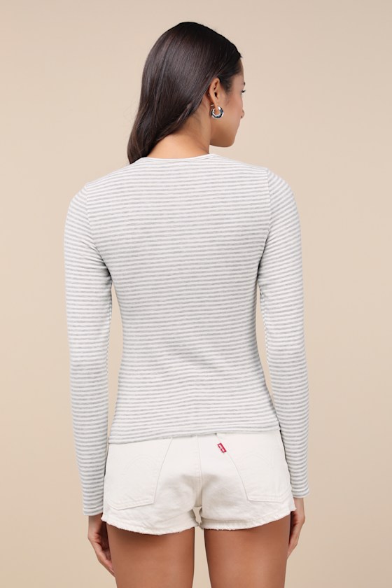 Lulus Inclined To Sweetness Ivory And Grey Striped Long Sleeve Top In Ivory And Grey