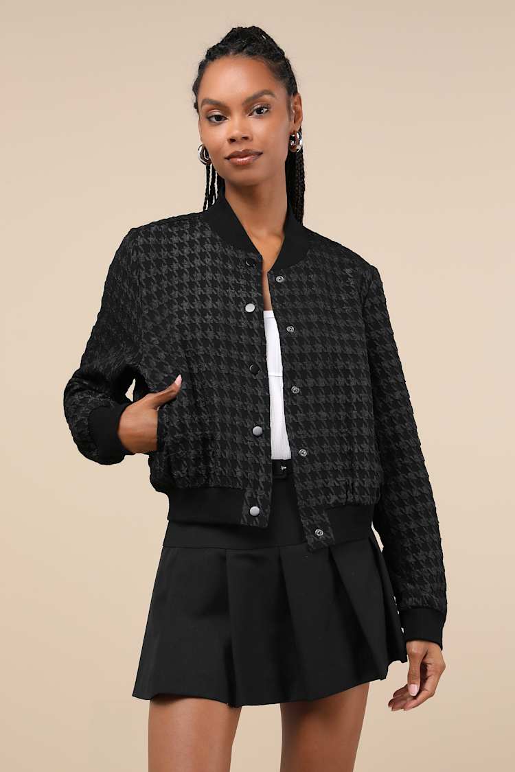 Black Houndstooth Jacquard Jacket - Bomber Jacket - Cute Jacket 