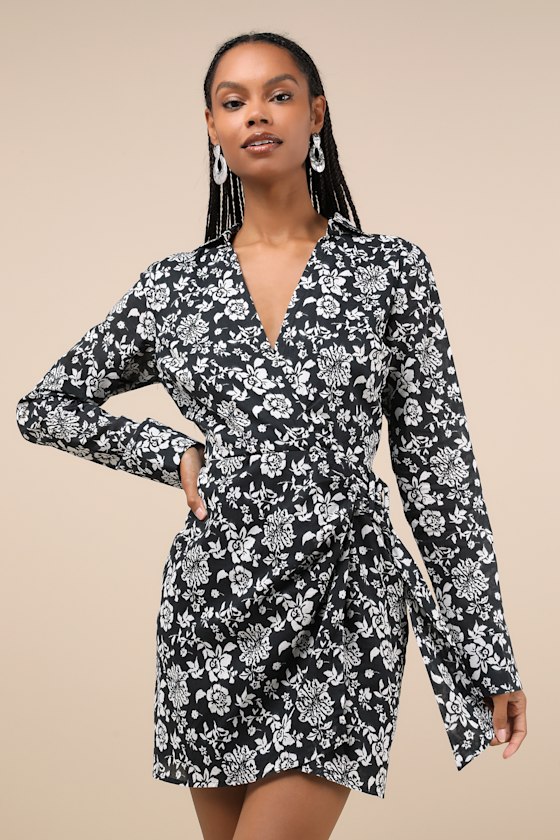 Lulus Made To Charm Black & White Floral Collared Buckle Mini Dress In Black