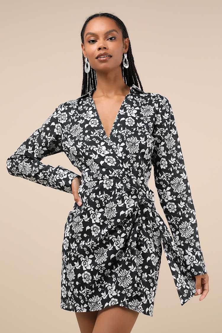 knee length dresses for ladies Strap Ruffle Hem Mini Dress in Black Floral main image 0