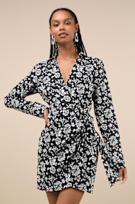 Made to Charm Black & White Floral Collared Buckle Mini Dress 1